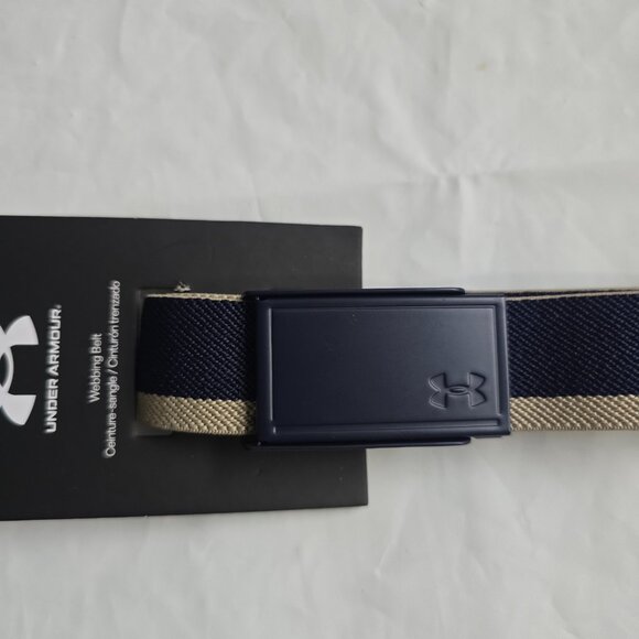 Under Armour Golf Webbing Belt Men One Size Fits Most Logo Buckle Blue Tan NEW - Picture 2 of 4
